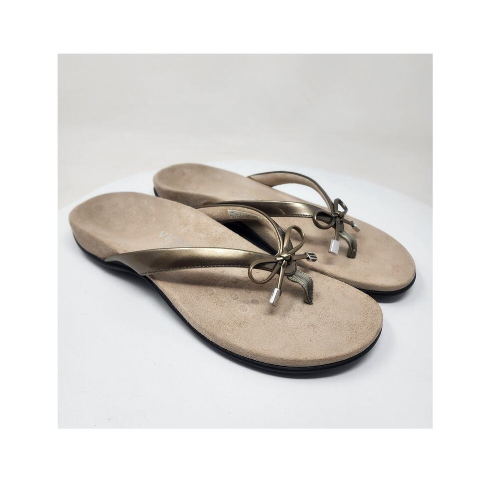 Vionic Bella II Flipflop Sandal Women 9 Champagne Gold Metallic Bow Comfort Shoe